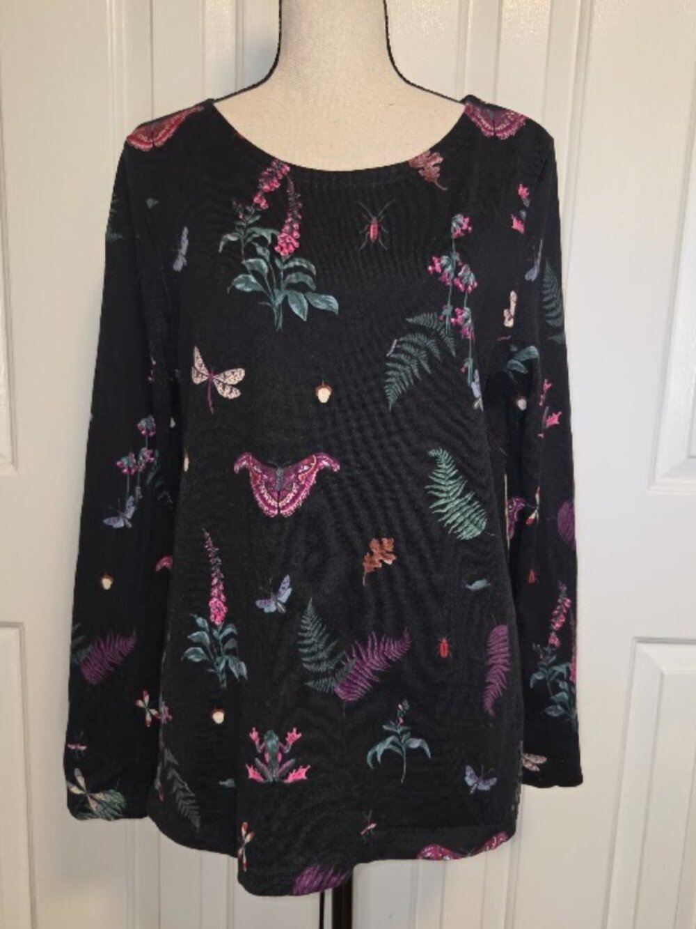 Joules Harbour Print Top US 10 Black Botanical Butterfly Long Sleeve Cotton